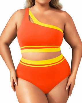 Aqua Eve Women Plus Size High Waisted Bikini One Shoulder Two Piece Swimsuit Color Block Bathing Suits