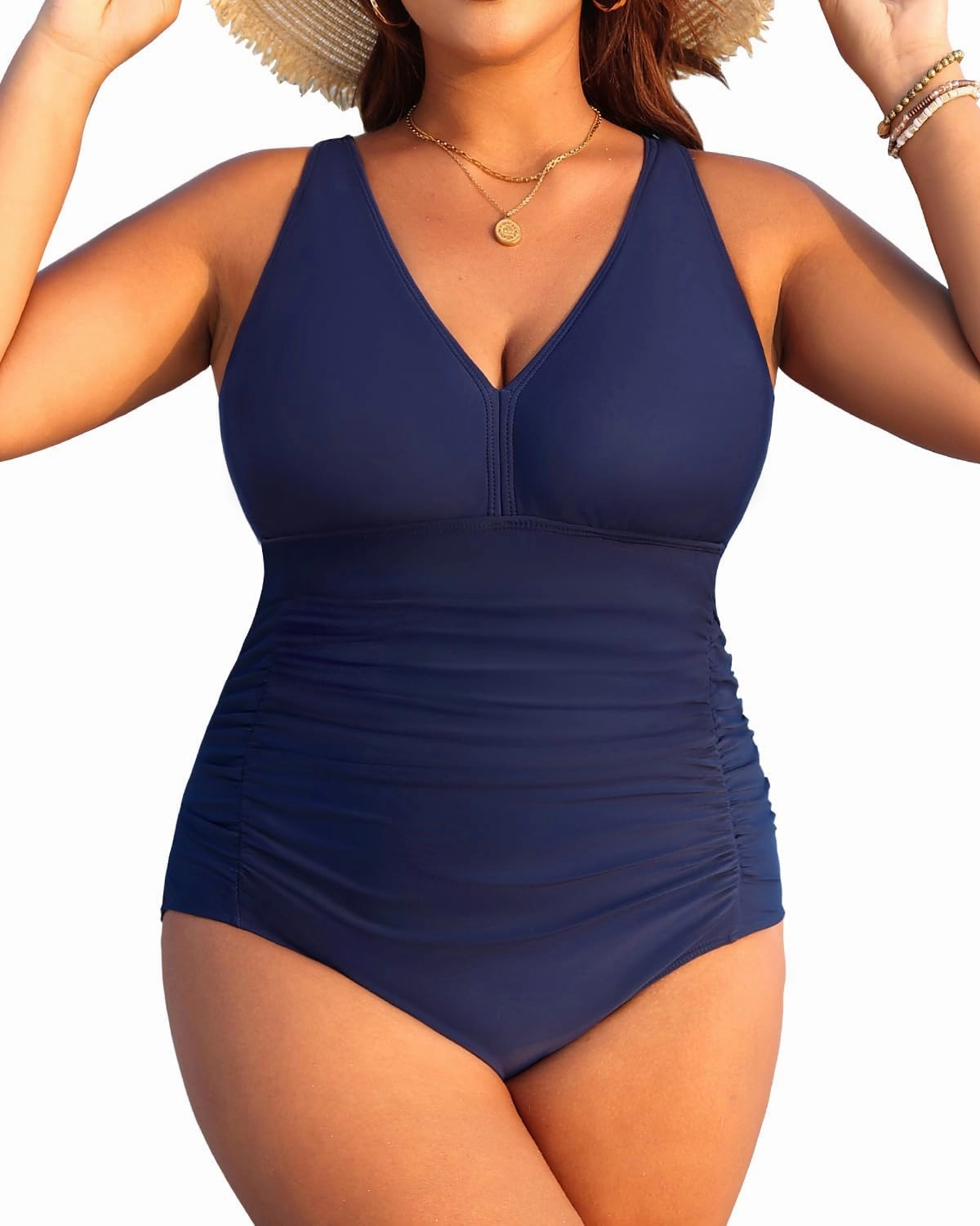 Aqua Eve Women Plus Size One Piece Swimsuits V Neck Tummy Control Bathing Suits Retro Ruched Swimwear