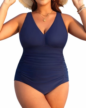 Aqua Eve Women Plus Size One Piece Swimsuits V Neck Tummy Control Bathing Suits Retro Ruched Swimwear