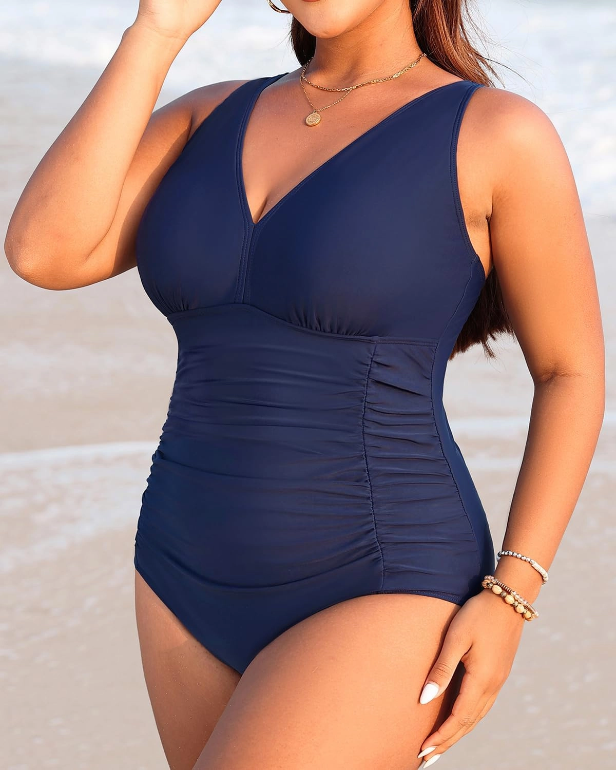 Aqua Eve Women Plus Size One Piece Swimsuits V Neck Tummy Control Bathing Suits Retro Ruched Swimwear