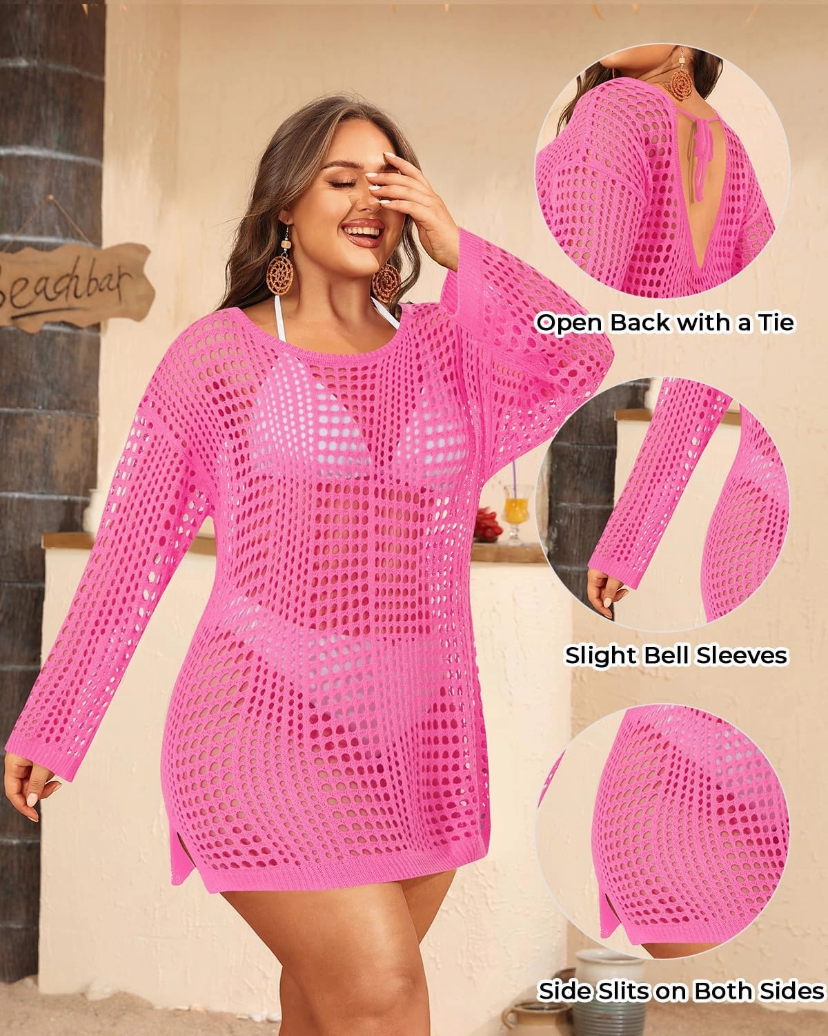 Aqua Eve Women's Plus Size Swimsuit Cover Up - Crochet Bathing Suit Coverups 2025 Long Sleeve Swimwear Beach Dress Black