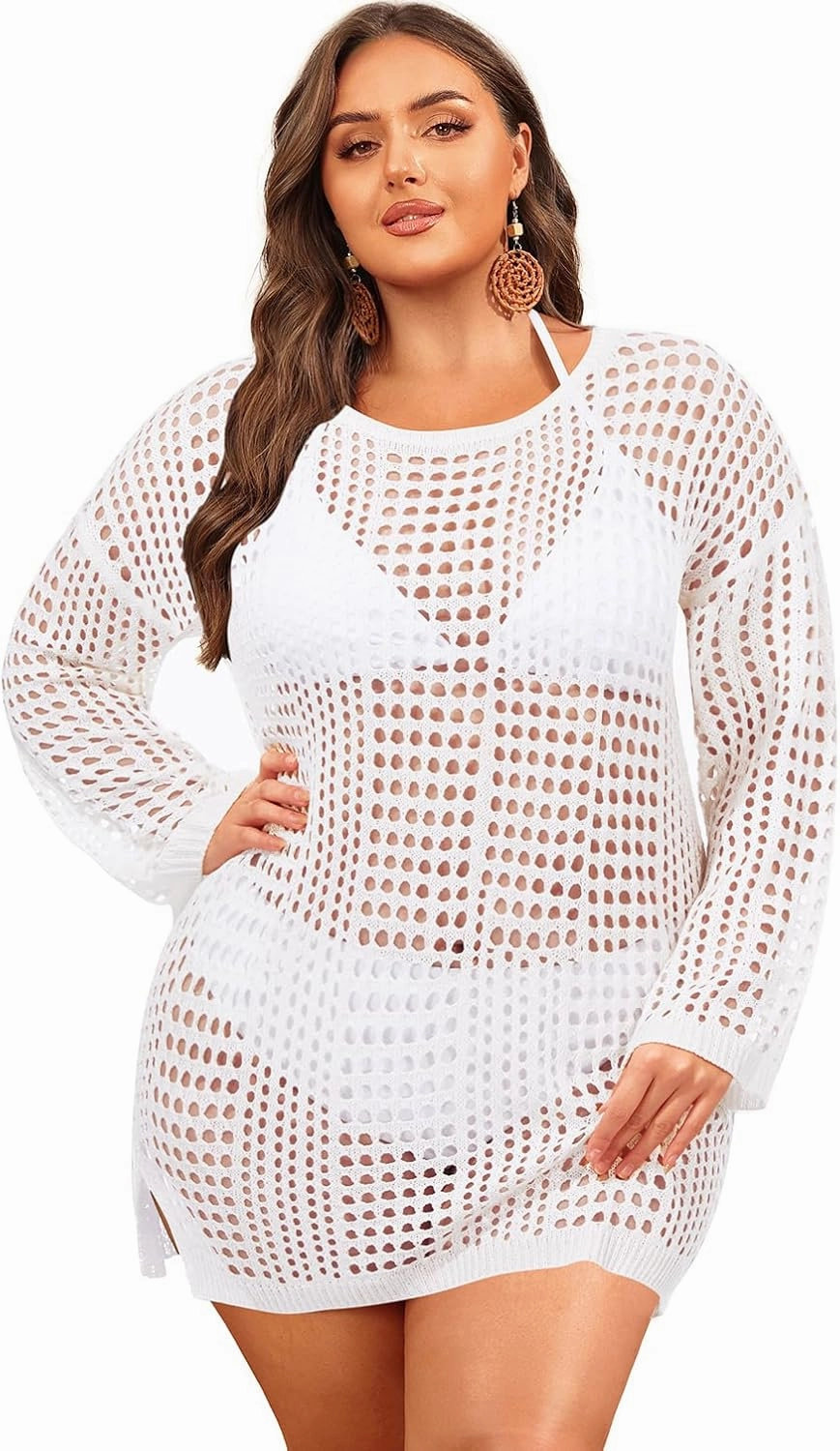 Aqua Eve Women's Plus Size Swimsuit Cover Up - Crochet Bathing Suit Coverups 2025 Long Sleeve Swimwear Beach Dress Black