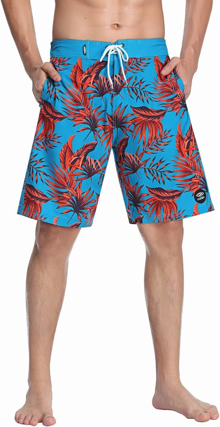 AXESEA Mens Swim Trunks Quick Dry Surf Long Elastic with Pockets Swimwear Bathing Suits No Mesh Lining