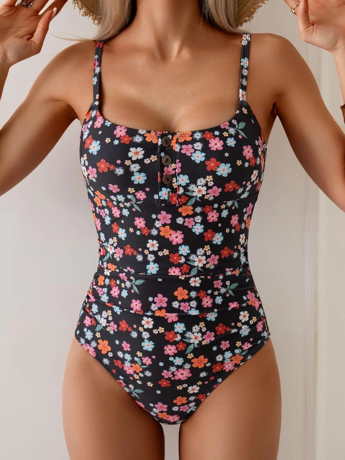 B2prity One Piece Swimsuit for Women Tummy Control Retro Bathing Suit Button Up Slimming Swimwear