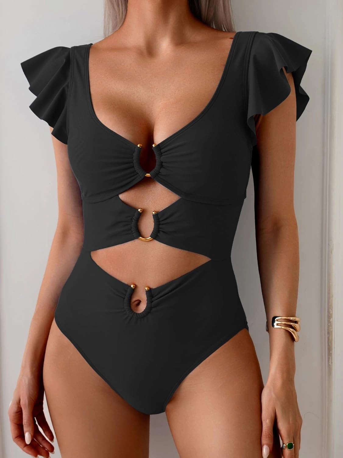 B2prity Women's One Piece Swimsuit Ruffle Sleeve Cut Out Bathing Suit Tie Back High Waisted Swim Suit