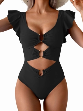 B2prity Women's One Piece Swimsuit Ruffle Sleeve Cut Out Bathing Suit Tie Back High Waisted Swim Suit