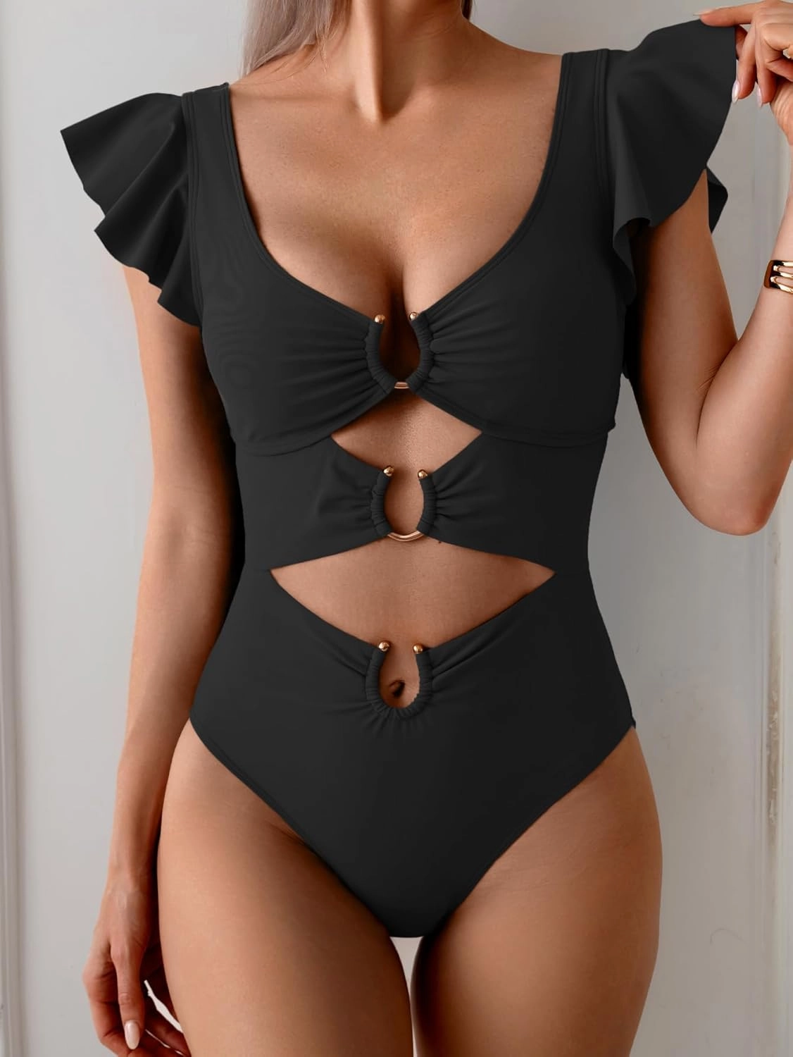 B2prity Women's One Piece Swimsuit Ruffle Sleeve Cut Out Bathing Suit Tie Back High Waisted Swim Suit