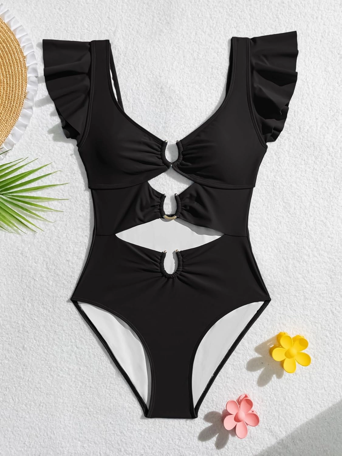 B2prity Women's One Piece Swimsuit Ruffle Sleeve Cut Out Bathing Suit Tie Back High Waisted Swim Suit