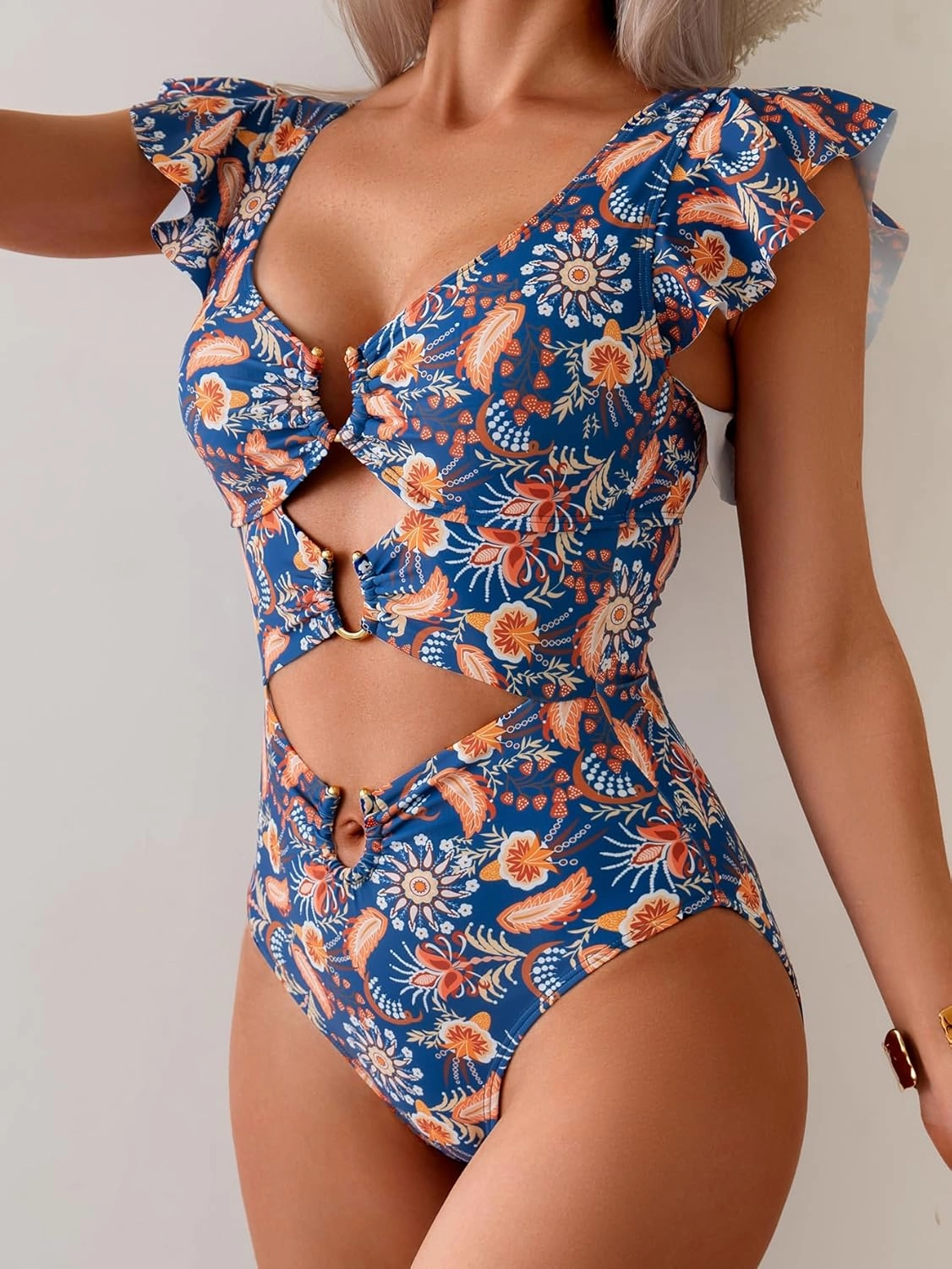 B2prity Women's One Piece Swimsuit Ruffle Sleeve Cut Out Bathing Suit Tie Back High Waisted Swim Suit