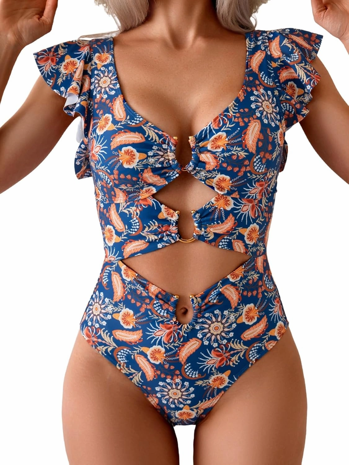 B2prity Women's One Piece Swimsuit Ruffle Sleeve Cut Out Bathing Suit Tie Back High Waisted Swim Suit