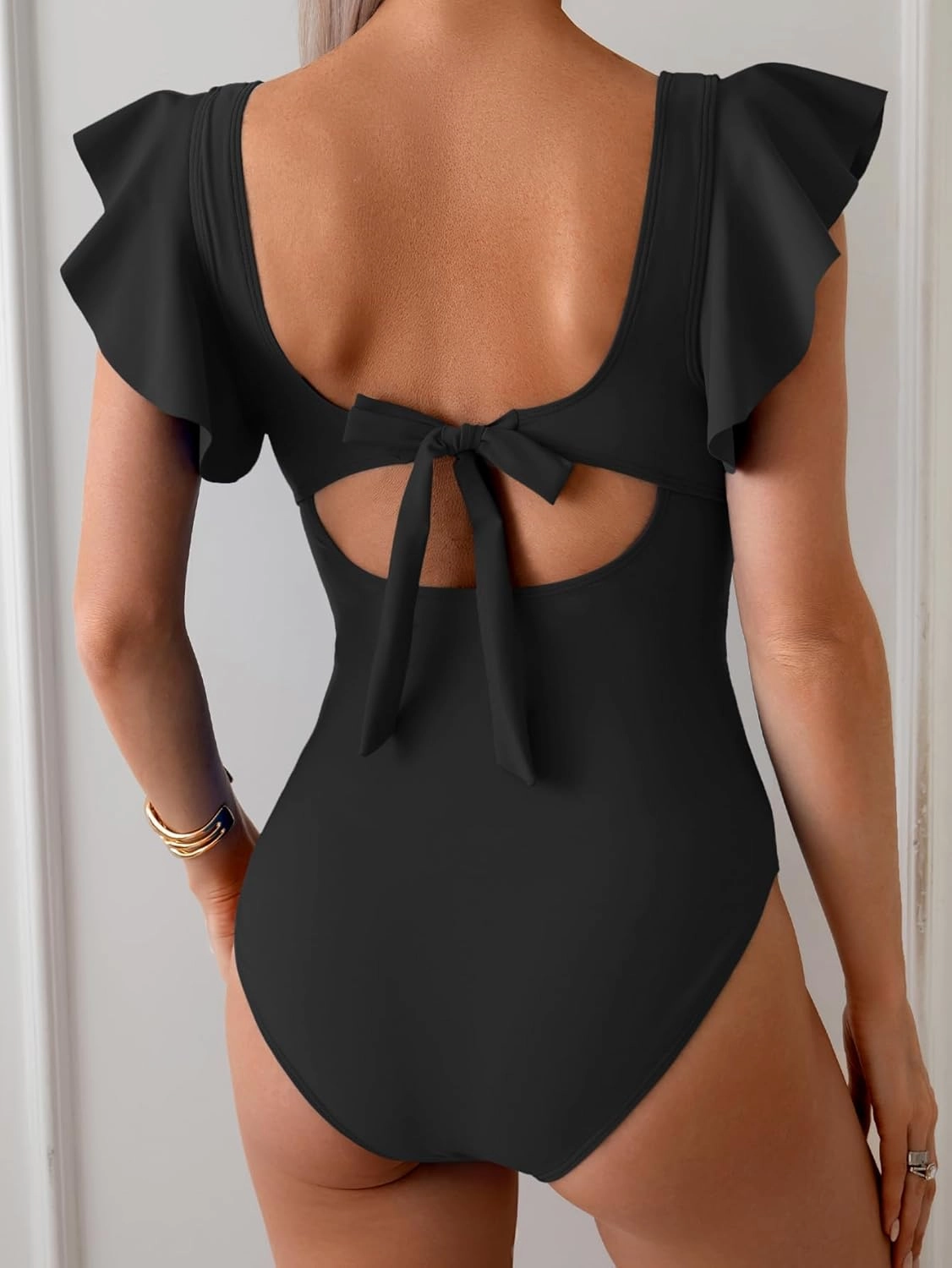 B2prity Women's One Piece Swimsuit Ruffle Sleeve Cut Out Bathing Suit Tie Back High Waisted Swim Suit