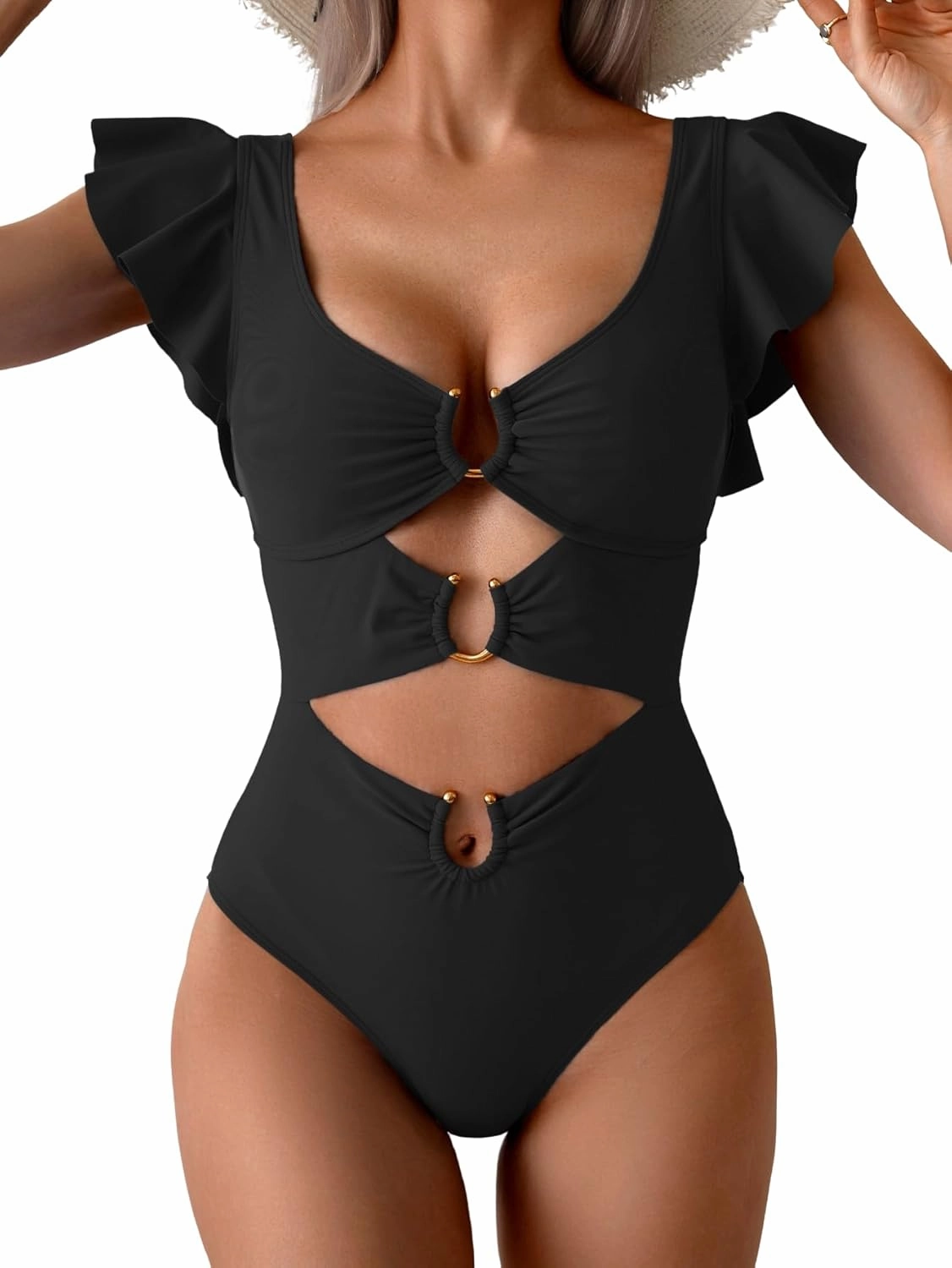 B2prity Women's One Piece Swimsuit Ruffle Sleeve Cut Out Bathing Suit Tie Back High Waisted Swim Suit