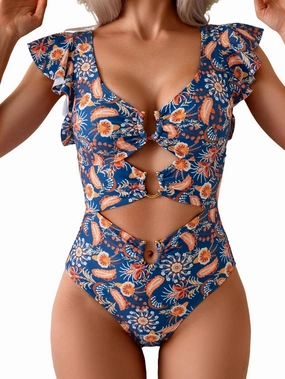 B2prity Women's One Piece Swimsuit Ruffle Sleeve Cut Out Bathing Suit Tie Back High Waisted Swim Suit