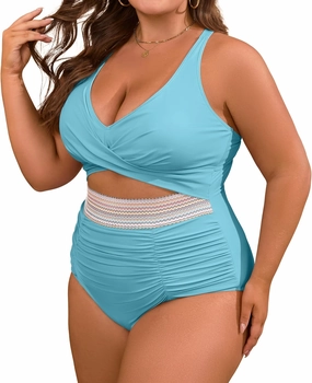 B2prity Women's Plus Size One Piece Swimsuit Tummy Control V Neck Bathing Suit Ruched High Waisted Cutout Swimwear