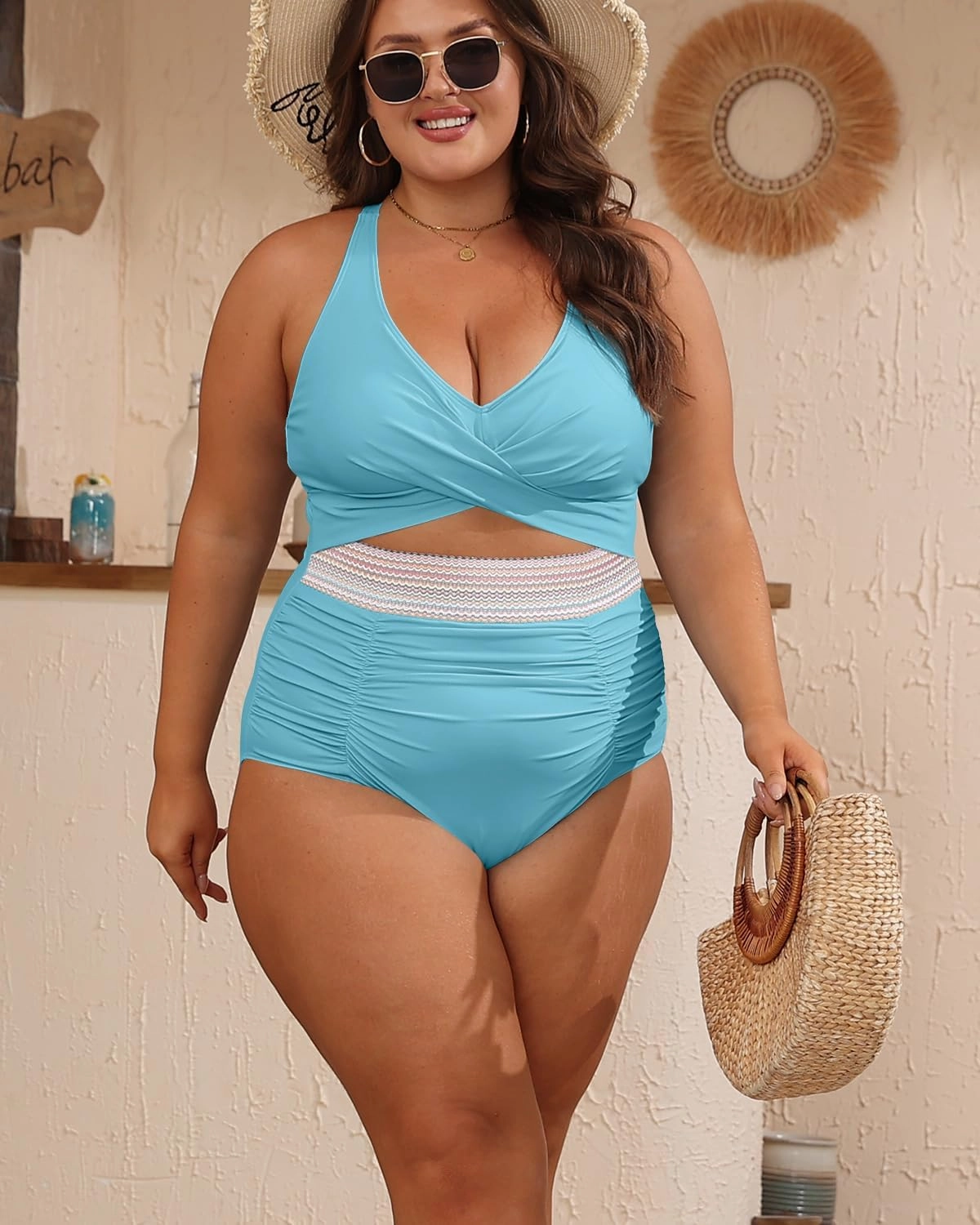 B2prity Women's Plus Size One Piece Swimsuit Tummy Control V Neck Bathing Suit Ruched High Waisted Cutout Swimwear