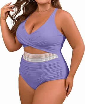 B2prity Women's Plus Size One Piece Swimsuit Tummy Control V Neck Bathing Suit Ruched High Waisted Cutout Swimwear
