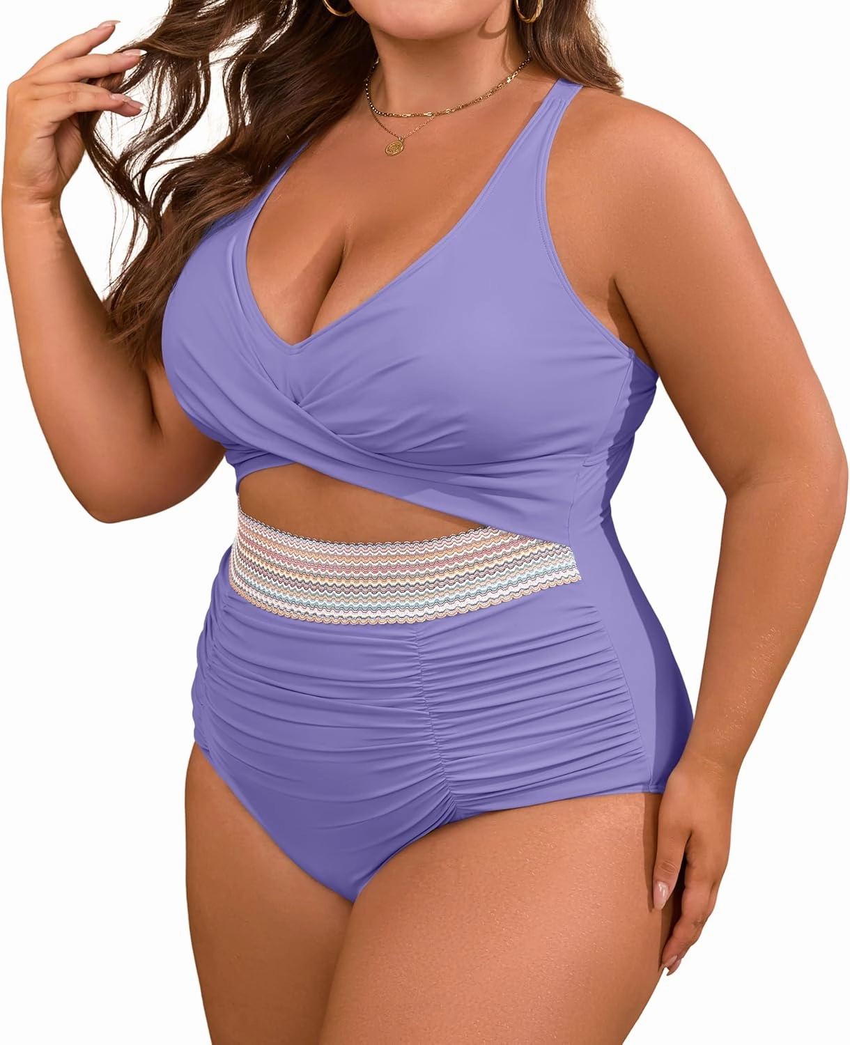 B2prity Women's Plus Size One Piece Swimsuit Tummy Control V Neck Bathing Suit Ruched High Waisted Cutout Swimwear