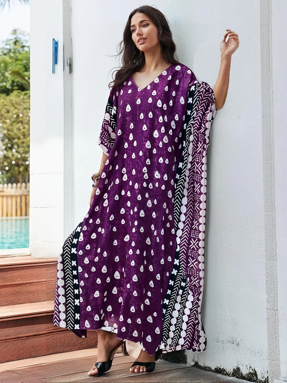 Beach Cover-ups Women's Wave Point V-Neck Caftans Rayon Ethnic Print Plus Size Caftan Over-Sized Half-Sleeve Kaftan