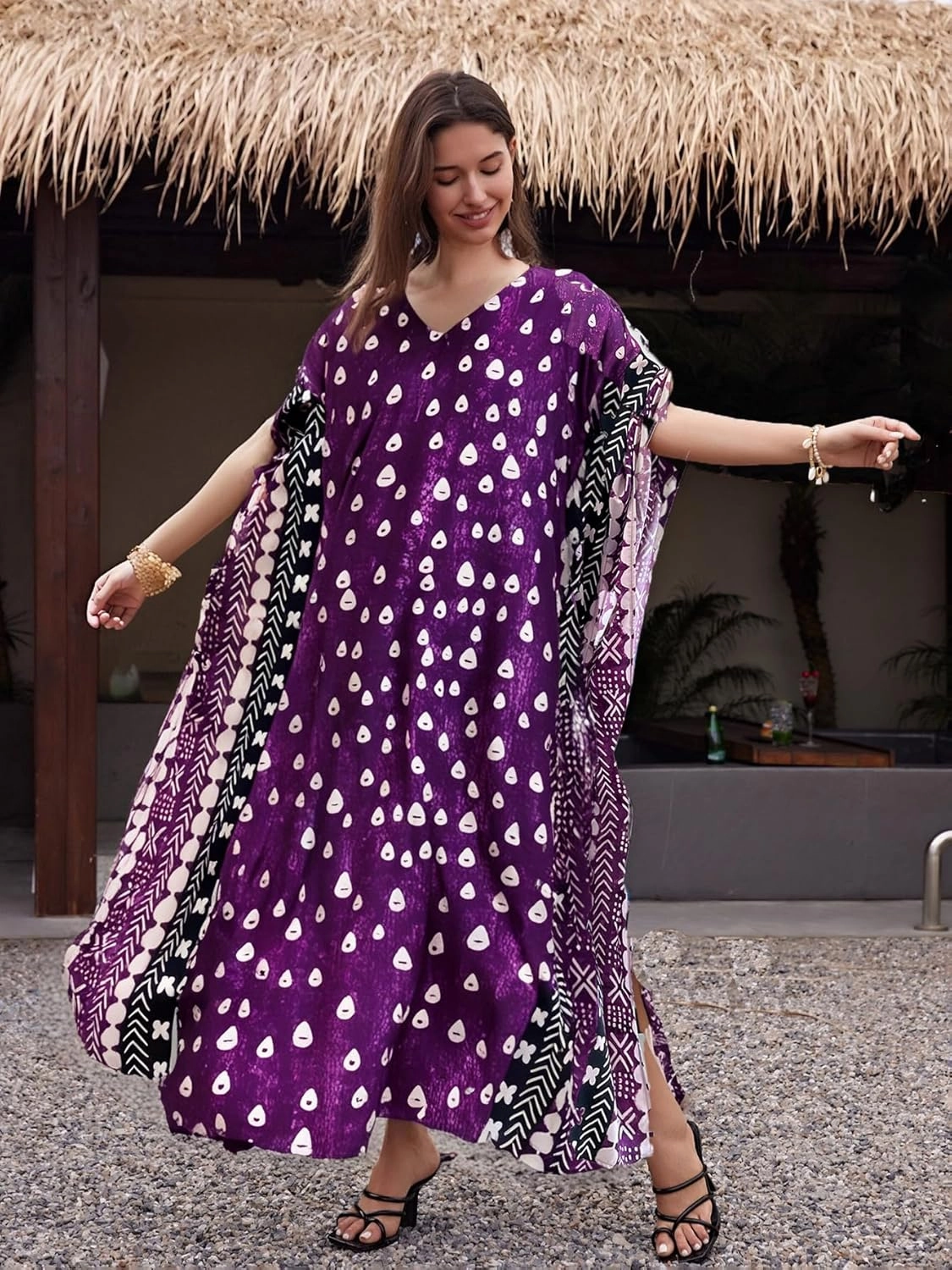 Beach Cover-ups Women's Wave Point V-Neck Caftans Rayon Ethnic Print Plus Size Caftan Over-Sized Half-Sleeve Kaftan