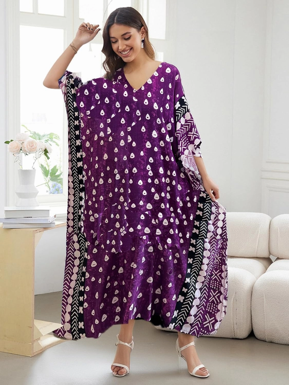 Beach Cover-ups Women's Wave Point V-Neck Caftans Rayon Ethnic Print Plus Size Caftan Over-Sized Half-Sleeve Kaftan
