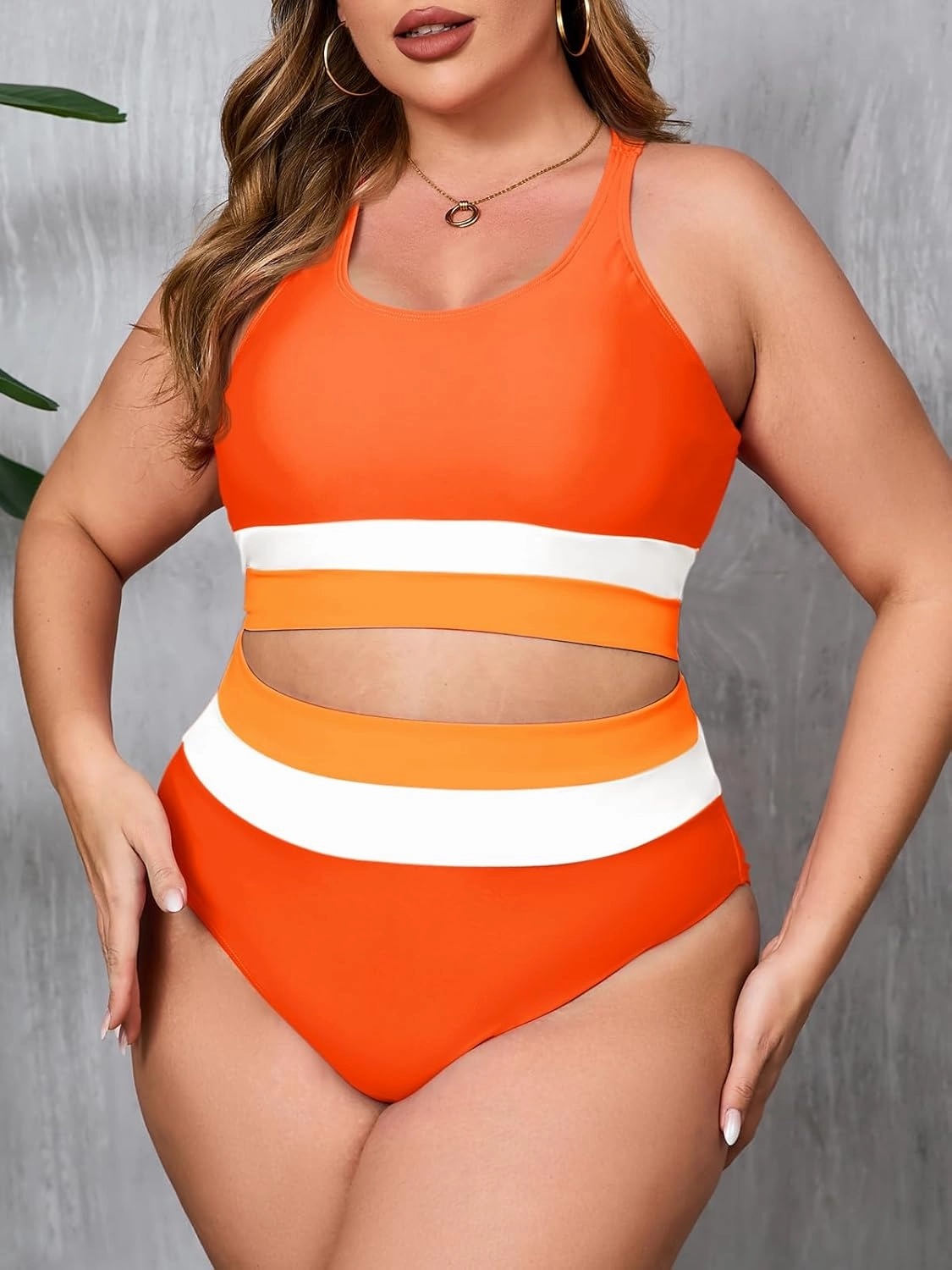 Beautife Womens Plus Size High Waisted Bikini Sets Color Block Two Piece Swimsuit Modest Sporty Bathing Suits