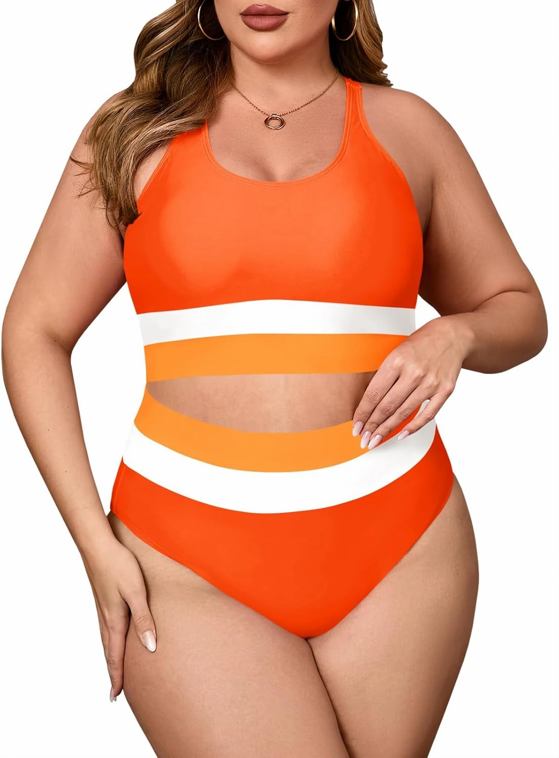 Beautife Womens Plus Size High Waisted Bikini Sets Color Block Two Piece Swimsuit Modest Sporty Bathing Suits