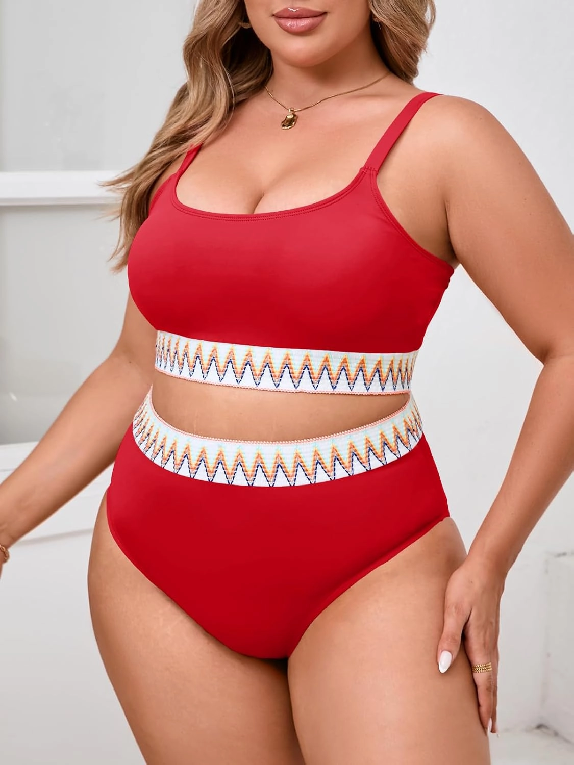 Beautife Womens Plus Size High Waisted Bikini Sets Tummy Control Bathing Suits Color Block Adjustable Straps 2 Piece Swimsuit