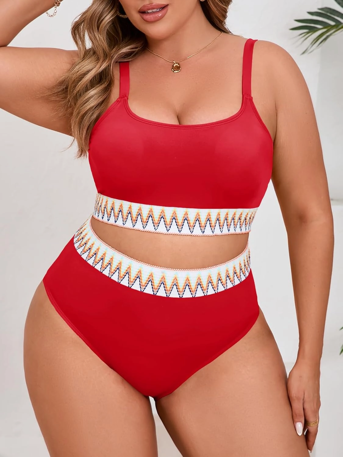 Beautife Womens Plus Size High Waisted Bikini Sets Tummy Control Bathing Suits Color Block Adjustable Straps 2 Piece Swimsuit