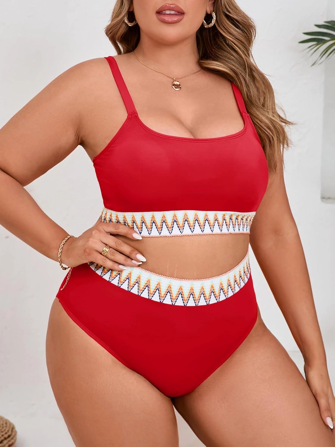 Beautife Womens Plus Size High Waisted Bikini Sets Tummy Control Bathing Suits Color Block Adjustable Straps 2 Piece Swimsuit