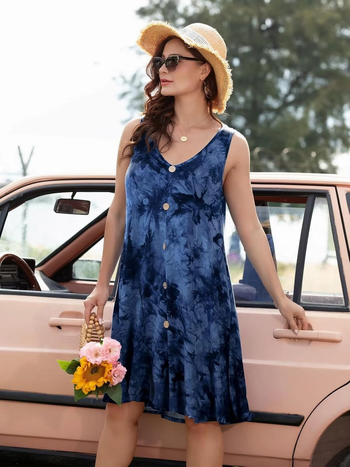 BELAROI Summer Dresses for Women Beach Tshirt Sundress V Neck Casual Swing Tank Dress Swimsuit Cover Ups Pockets