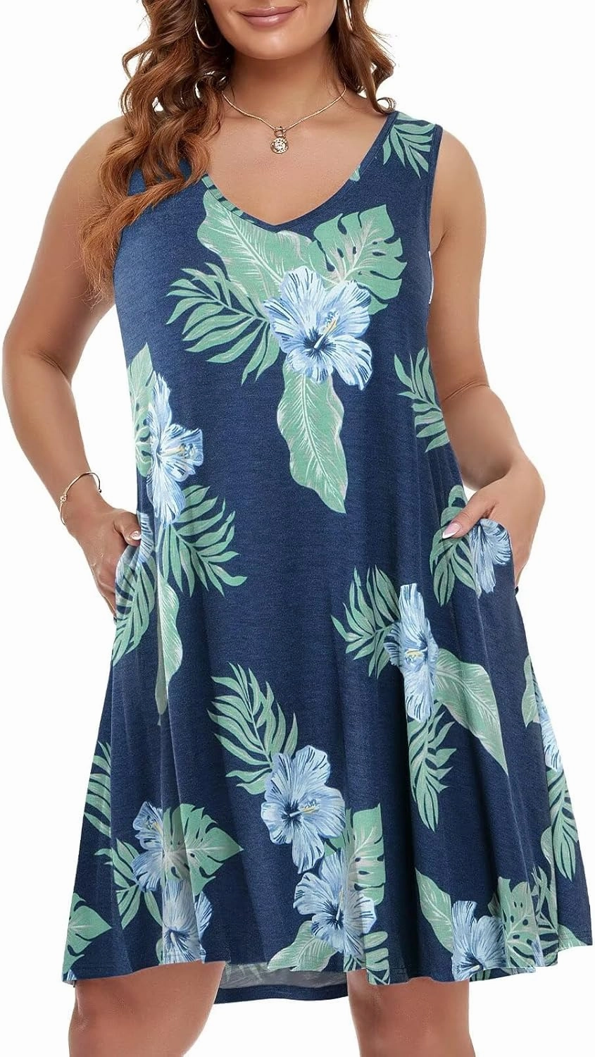 BELAROI Women Casual Summer Beach Dresses Plus Size Sundress V Neck Pockets Swing Tank Dress Cover Ups