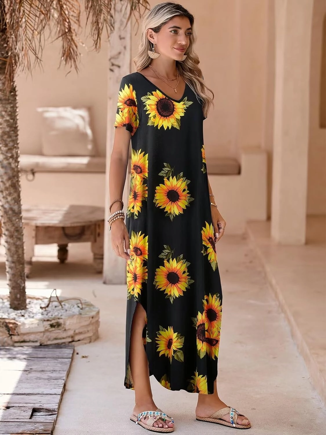 BELAROI Womens Plus Size Maxi Dresses Summer T Shirt Dress Casual V Neck Short Sleeve Long Dress Loose Fit Pockets Split