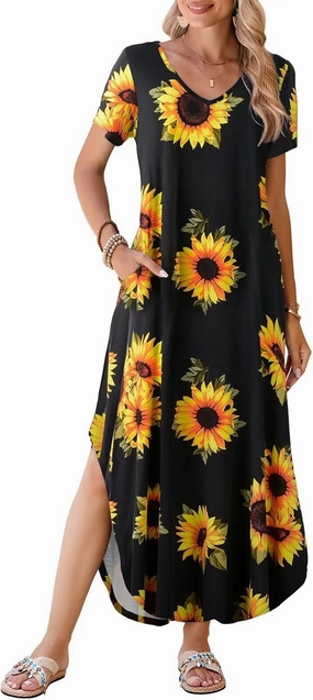 BELAROI Womens Plus Size Maxi Dresses Summer T Shirt Dress Casual V Neck Short Sleeve Long Dress Loose Fit Pockets Split