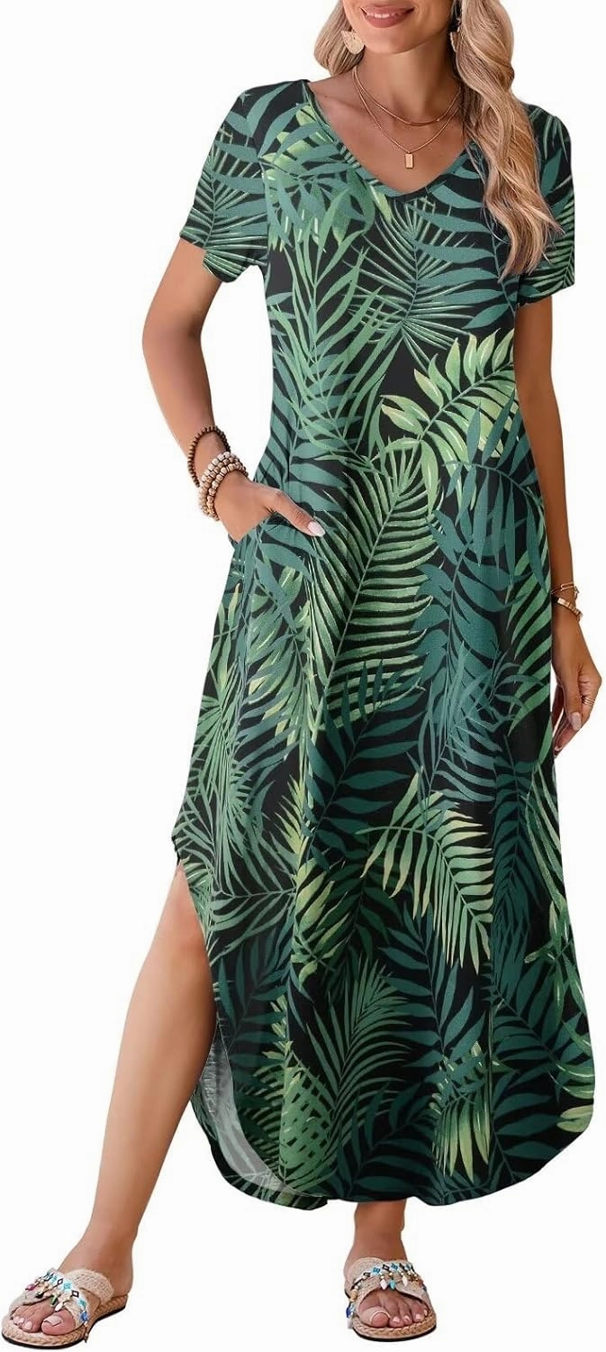 BELAROI Womens Plus Size Maxi Dresses Summer T Shirt Dress Casual V Neck Short Sleeve Long Dress Loose Fit Pockets Split