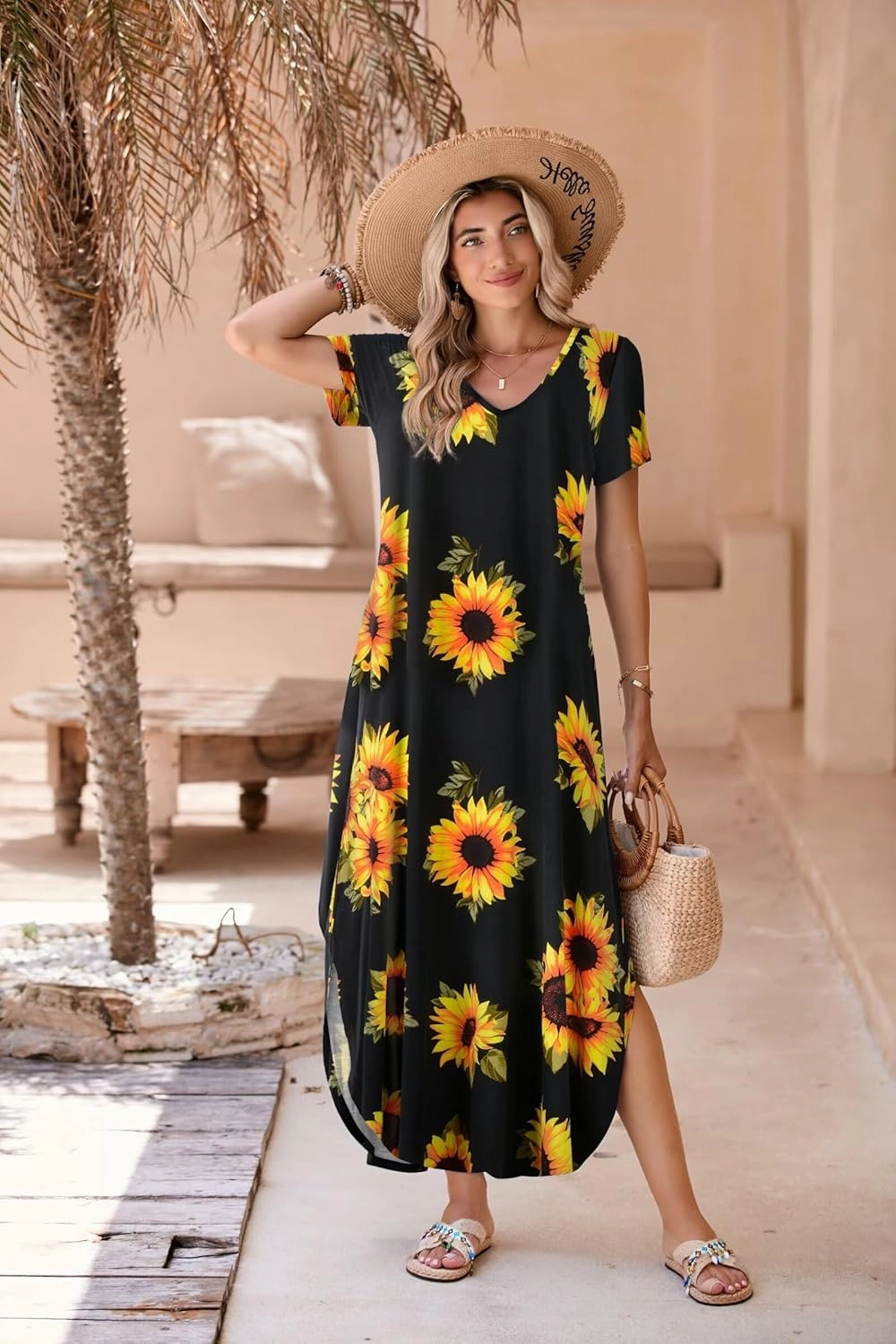 BELAROI Womens Plus Size Maxi Dresses Summer T Shirt Dress Casual V Neck Short Sleeve Long Dress Loose Fit Pockets Split