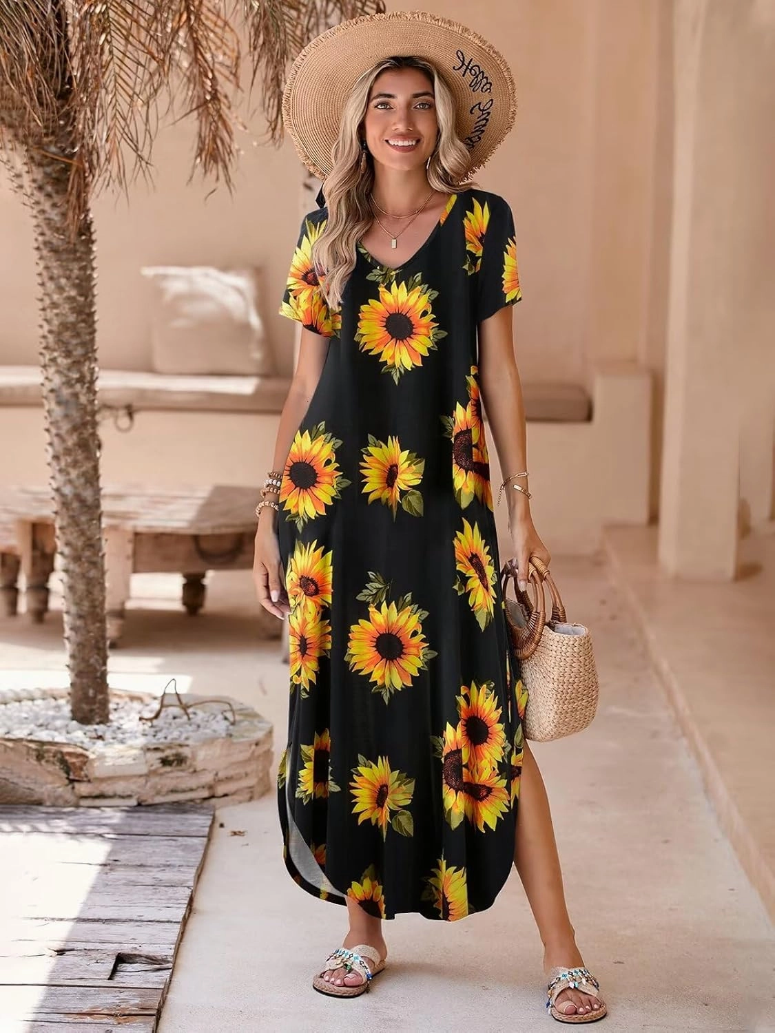 BELAROI Womens Plus Size Maxi Dresses Summer T Shirt Dress Casual V Neck Short Sleeve Long Dress Loose Fit Pockets Split