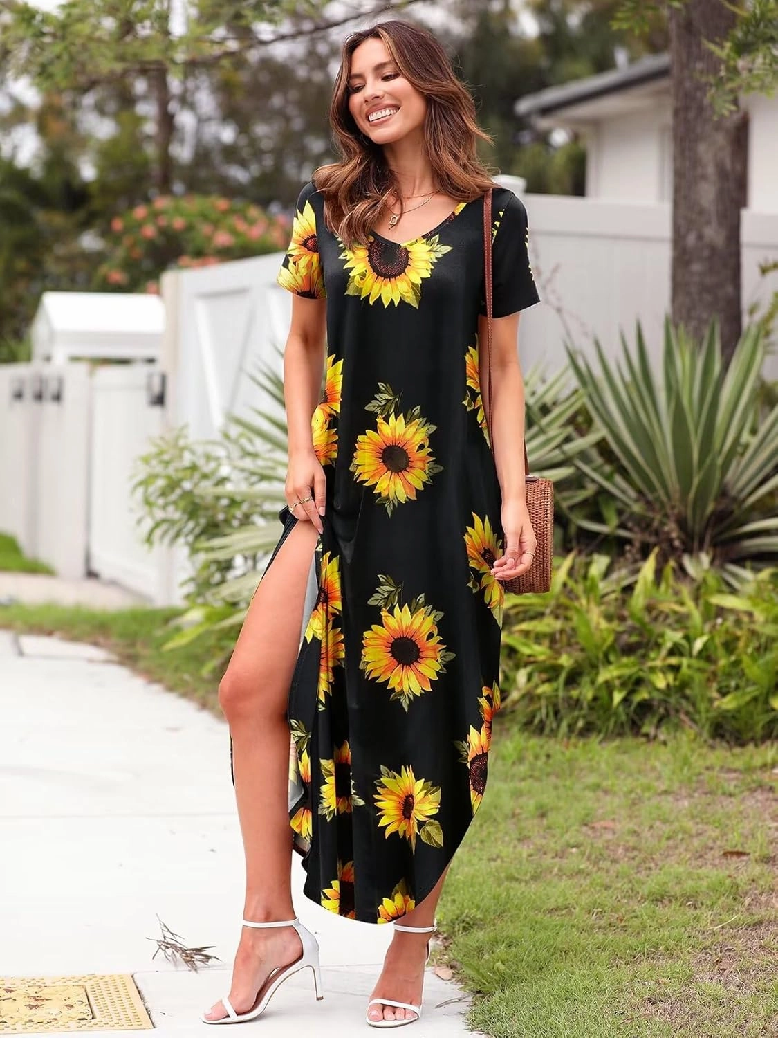 BELAROI Womens Plus Size Maxi Dresses Summer T Shirt Dress Casual V Neck Short Sleeve Long Dress Loose Fit Pockets Split