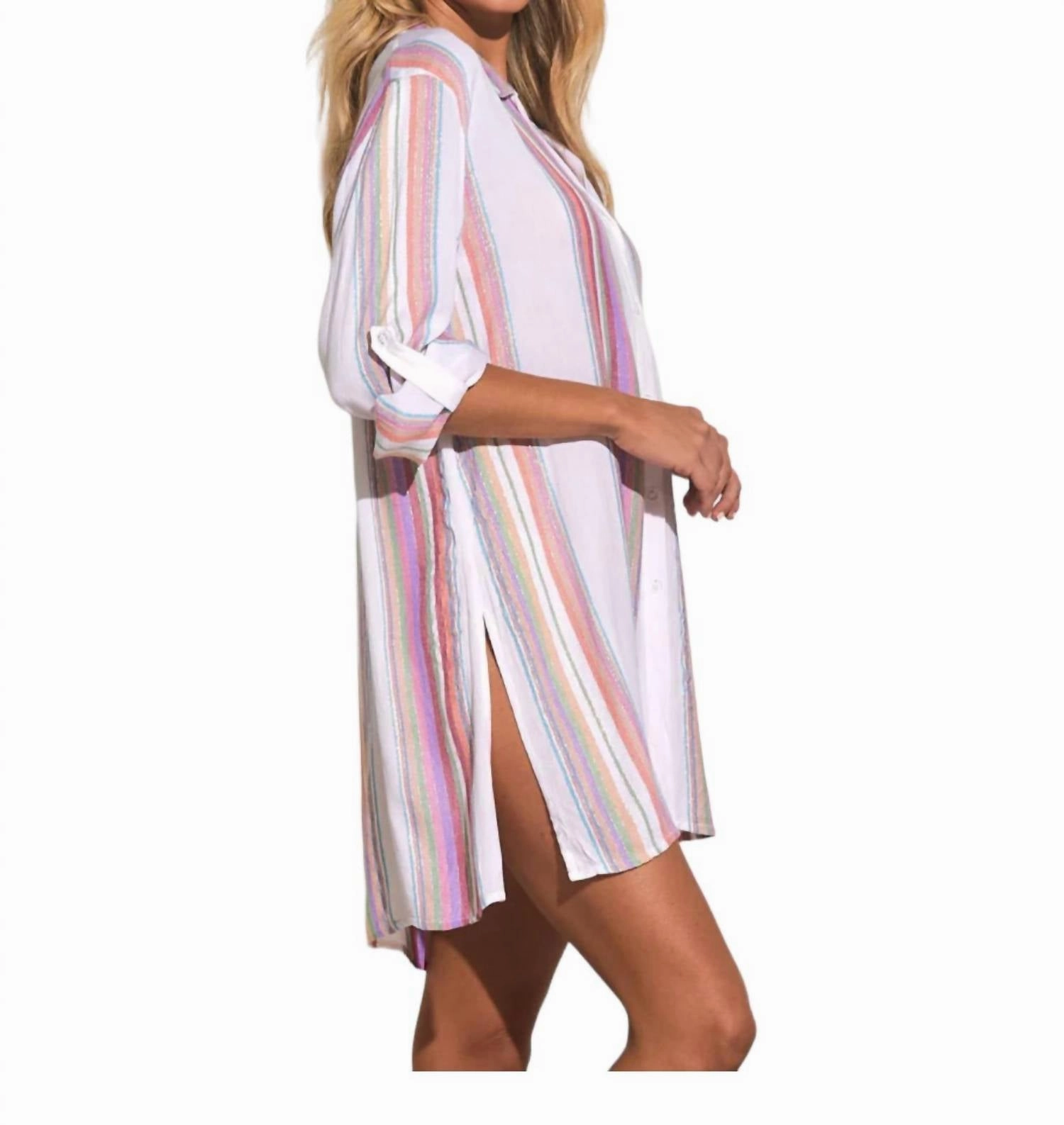 Bermuda Boyfriend Cover Up Shirt In Multi Stripe