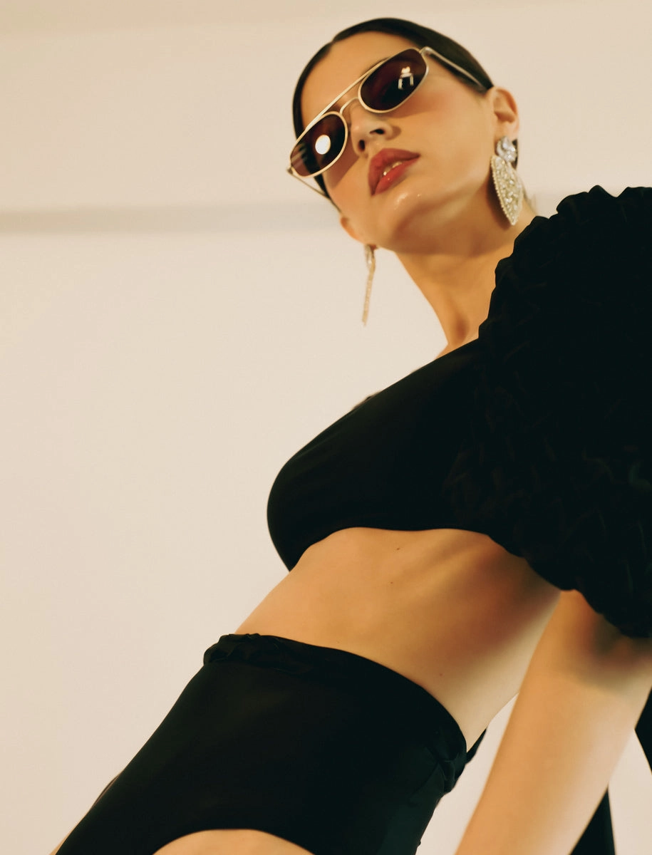 Black Balloon Sleeves High Waisted Bikini