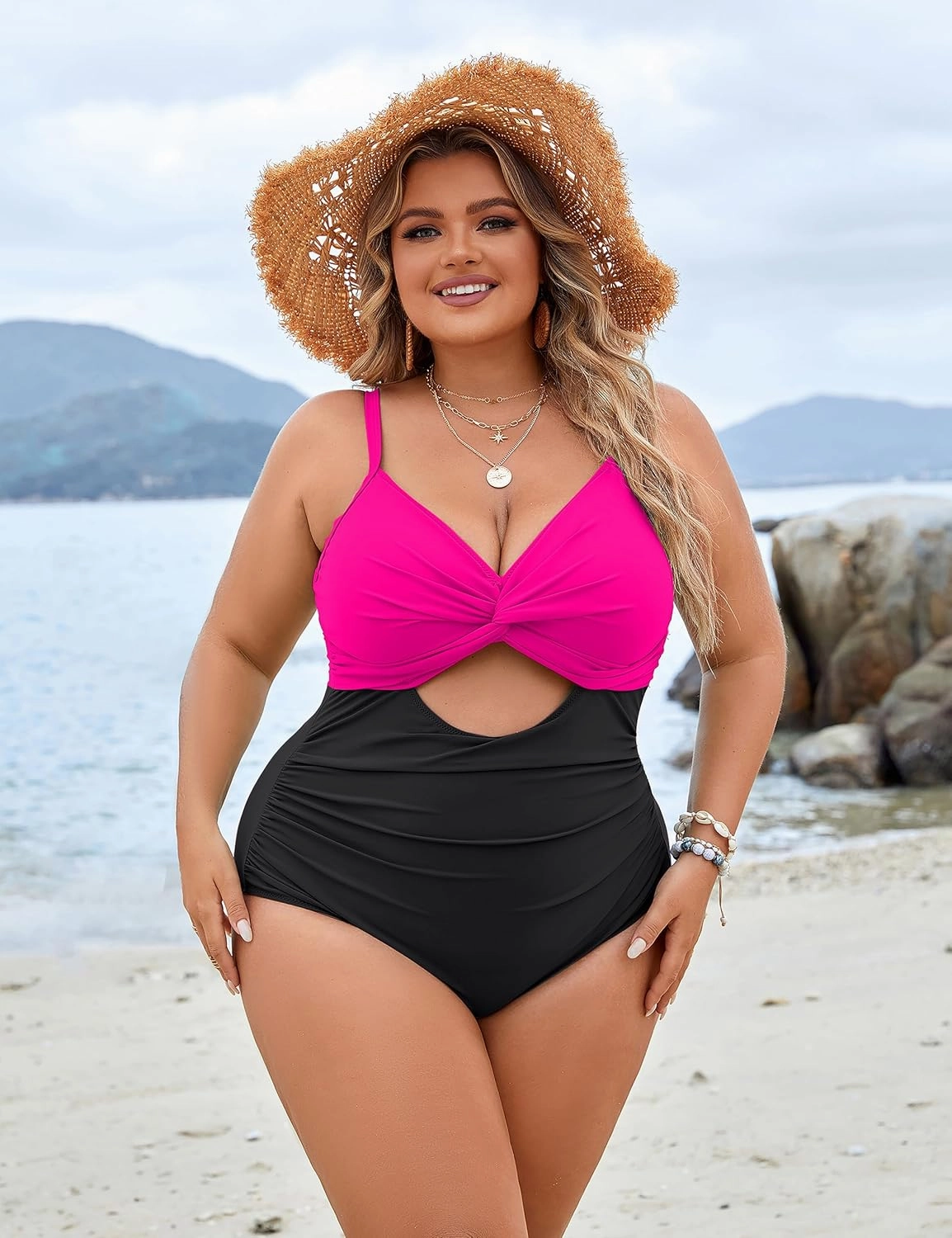 Blooming Jelly Womens Plus Size Bathing Suit Tummy Control One Piece Swimsuit Twist Front Ruched Swimwear