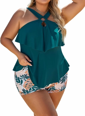 Blooming Jelly Womens Plus Size Tankini Swimsuits Two Piece Bathing Suits Tummy Control Flounce with Shorts