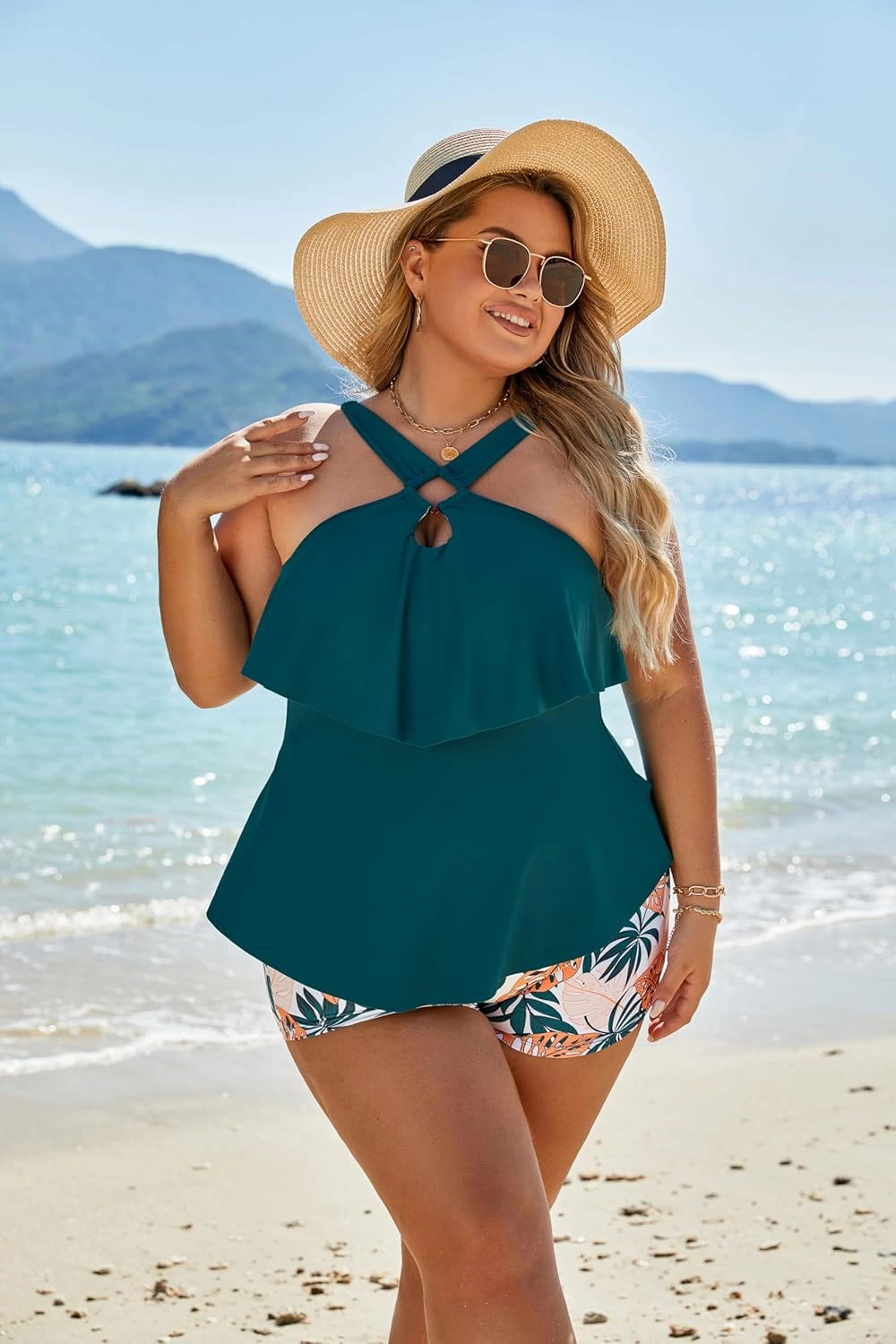 Blooming Jelly Womens Plus Size Tankini Swimsuits Two Piece Bathing Suits Tummy Control Flounce with Shorts