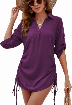 Bluetime Womens Bathing Suit Cover Ups Swimsuit Coverup V Neck 3/4 Sleeve Casual Summer Swimwear Beach Cover Up Dress