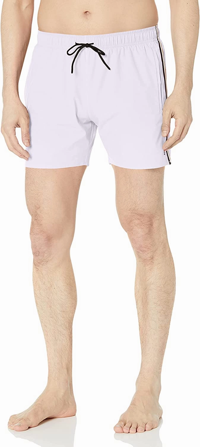 BOSS Men's Standard Solid Swim Trunk with Iconic Side Stripe, Salt