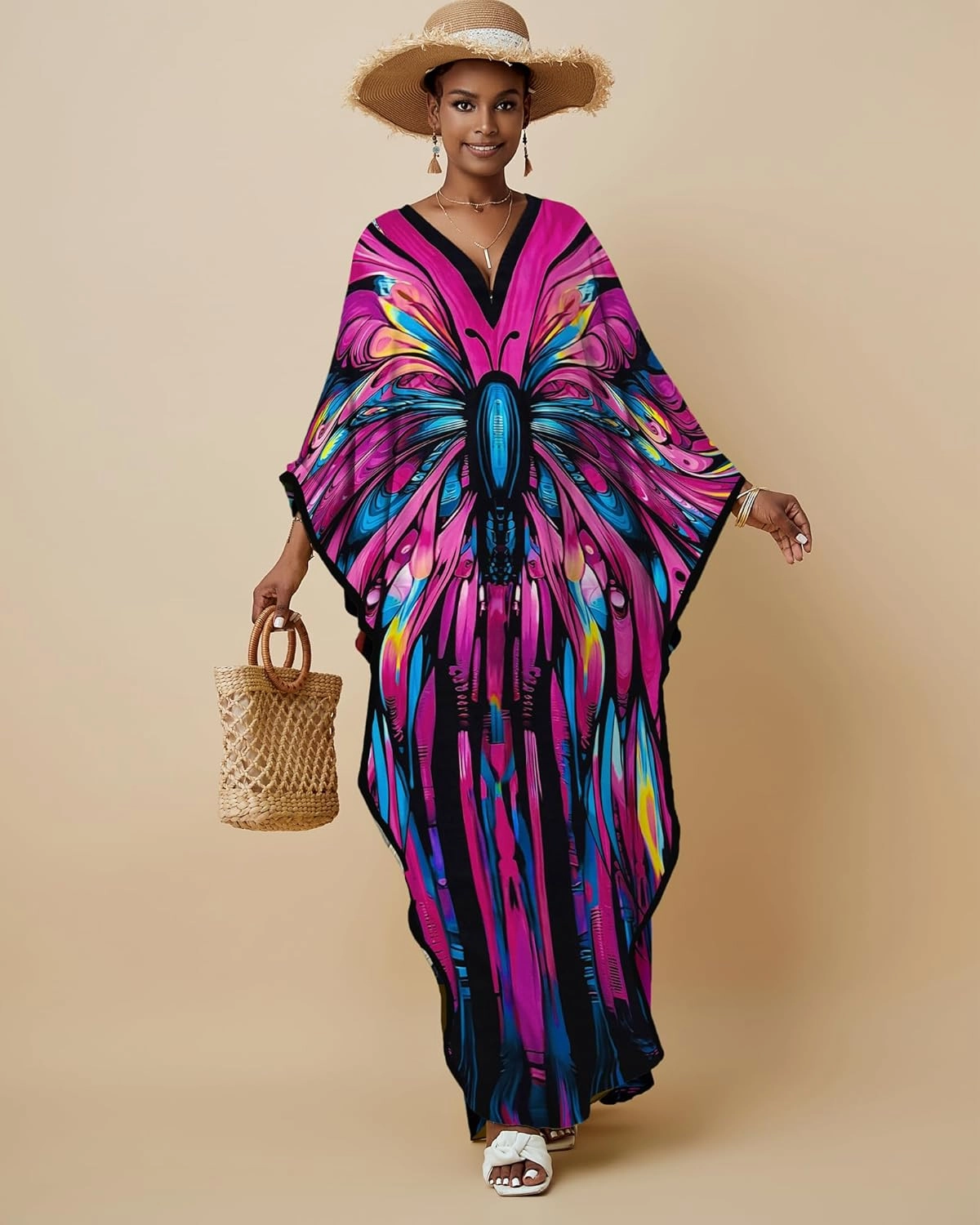 Bsubseach Kaftan Dresses for Women Floral Print Caftans Bathing Suit Cover Ups Plus Size Long Beach Coverup Dress