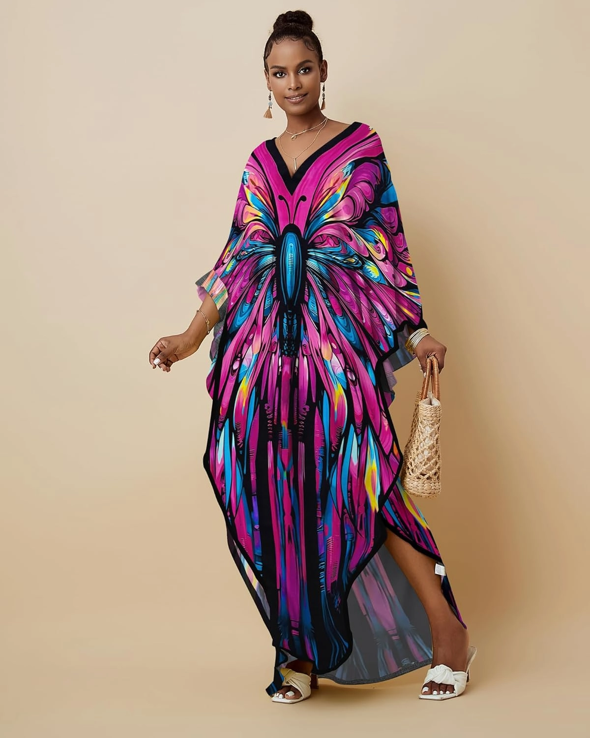 Bsubseach Kaftan Dresses for Women Floral Print Caftans Bathing Suit Cover Ups Plus Size Long Beach Coverup Dress