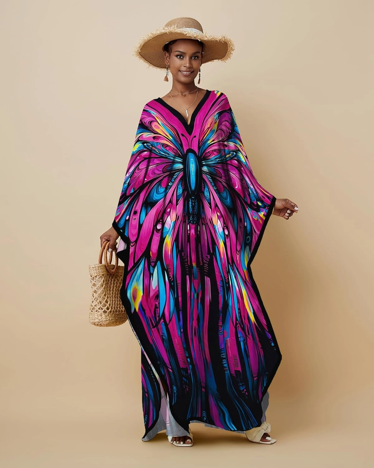 Bsubseach Kaftan Dresses for Women Floral Print Caftans Bathing Suit Cover Ups Plus Size Long Beach Coverup Dress