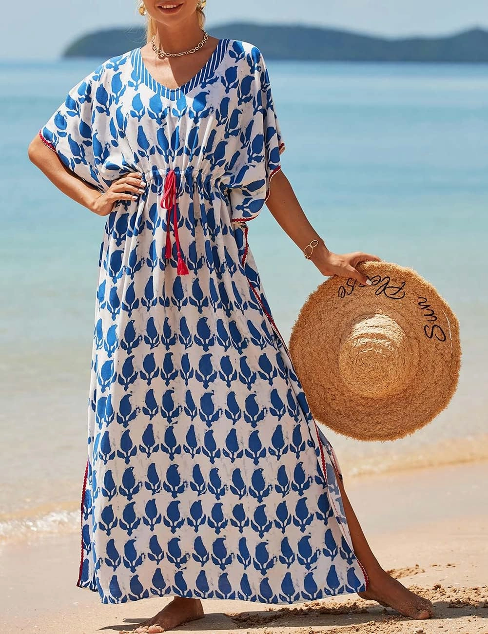 Bsubseach Kaftan Dresses for Women Plus Size Swimsuit Cover Up Long Caftan Dress with Waist Drawstring