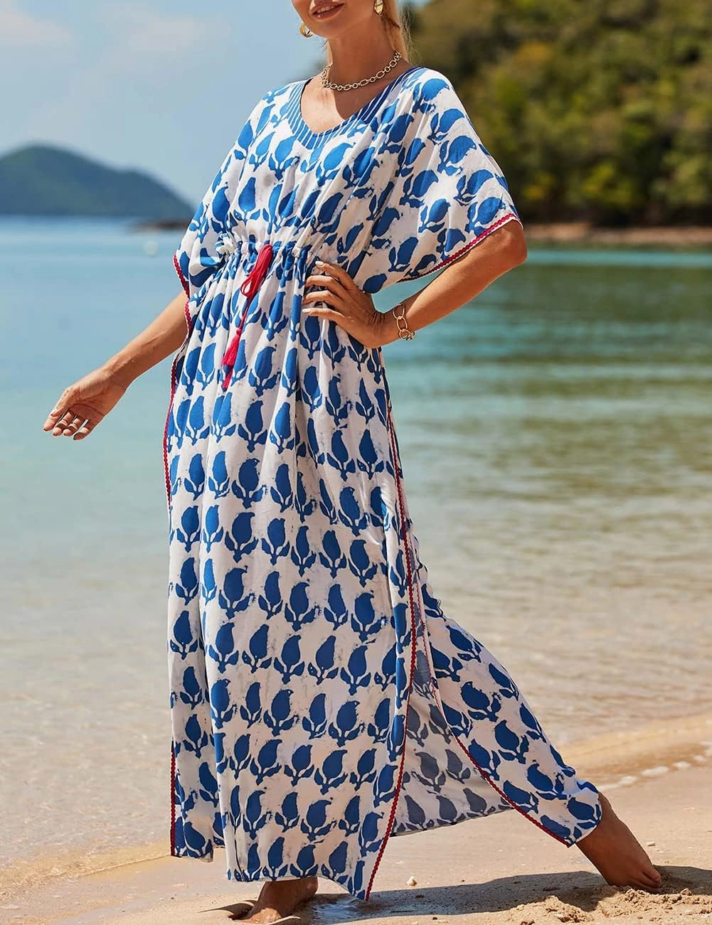 Bsubseach Kaftan Dresses for Women Plus Size Swimsuit Cover Up Long Caftan Dress with Waist Drawstring