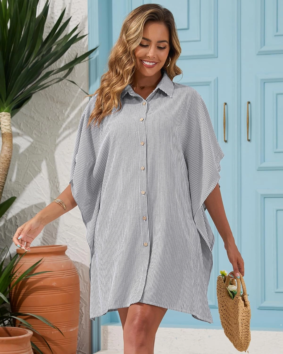 Bsubseach Swimsuit Cover Up Shirt 3/4 Sleeve Beach Coverup Oversized Button Down Shirts Bikini Bathing Suit